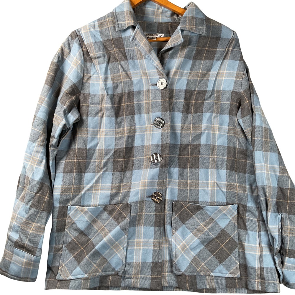 Pendleton Wool Plaid Shirt‎ Jacket Womens Small Blue Grey Fair Condition Pockets
